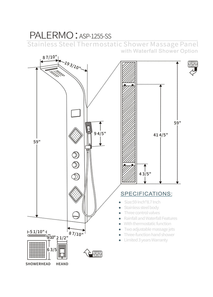 SHOWER PANEL "PALERMO" ASP-1255-SS, NEW