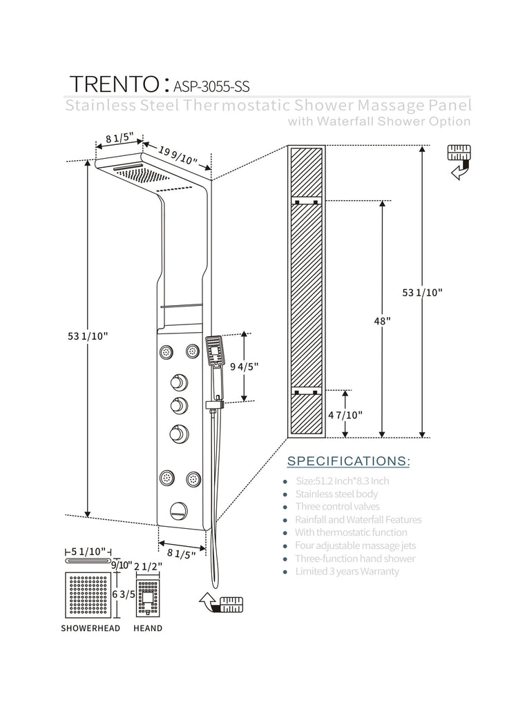 SHOWER PANEL "TRENTO" ASP-3055-SS, NEW