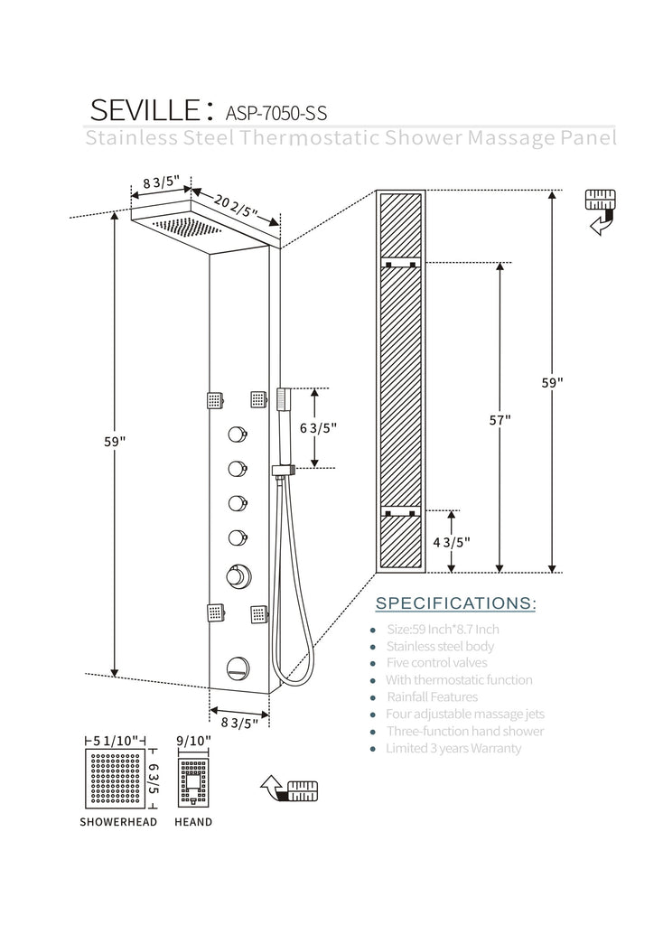 SHOWER PANEL "SEVILLE" ASP-7050-SS