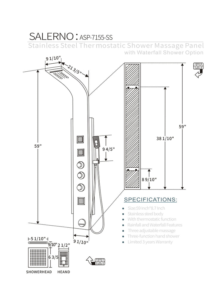 SHOWER PANEL "SALERNO" ASP-7155-SS, NEW