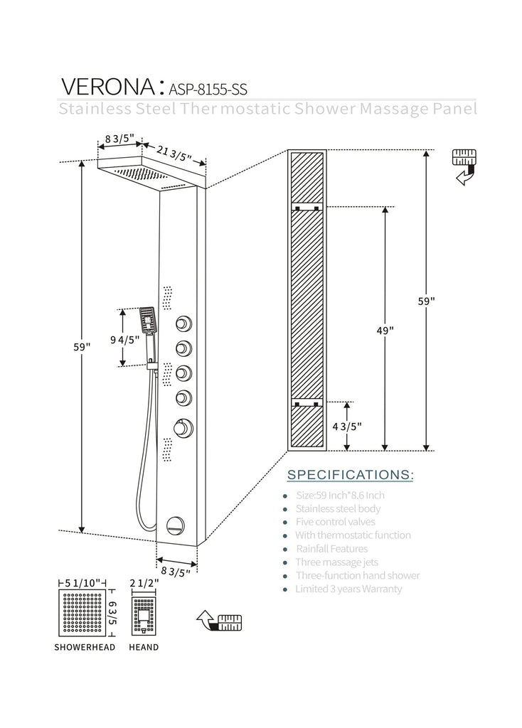SHOWER PANEL "VERONA", ASP-8155-SS, NEW