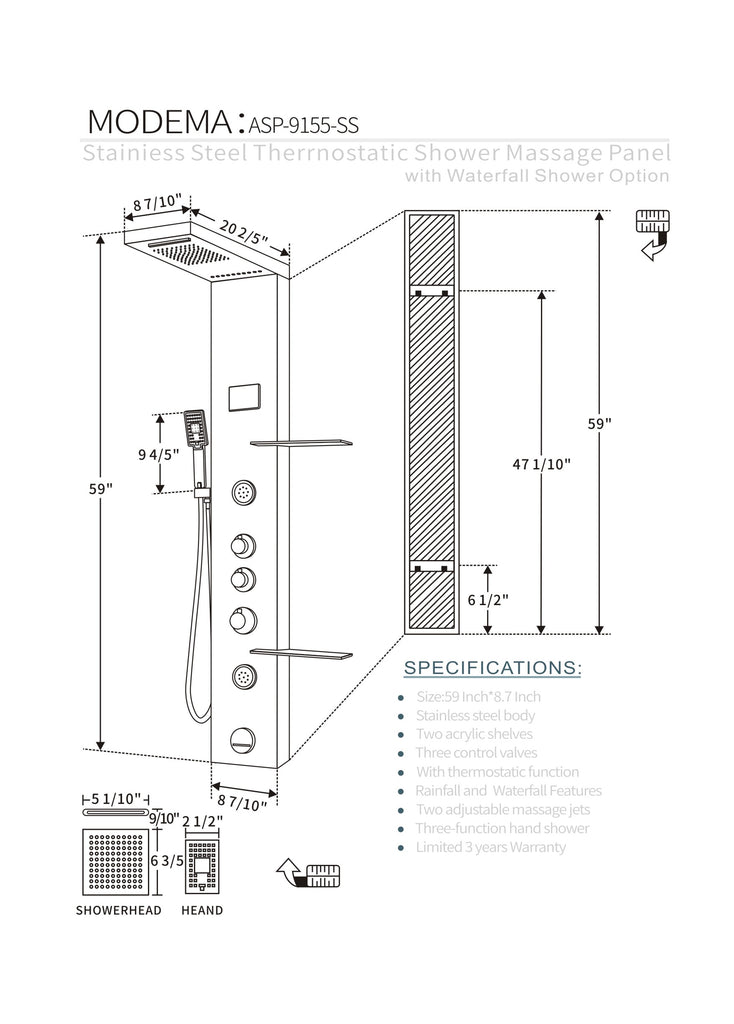 SHOWER PANEL "MODENA" ASP-9155-SS, NEW