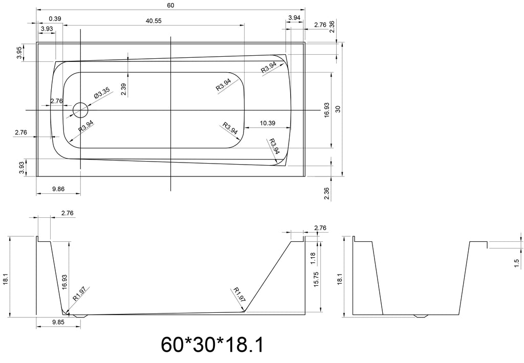BATH TUB "AMALFI" 60” x 30” x 18”, ATAM-6030-WH-LT