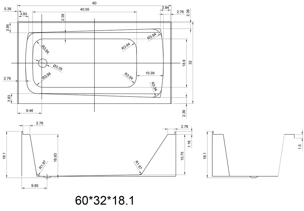 BATH TUB "AMALFI" 60” x 32” x 18”, ATAM-6032-WH-LT