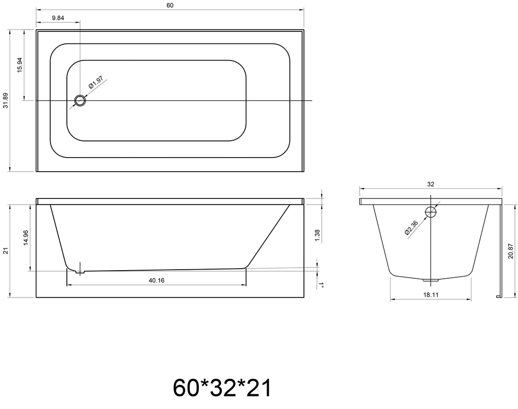 BATH TUB "VENETTO" 60” x 32” x 21” ATVE-6032-WH-RT